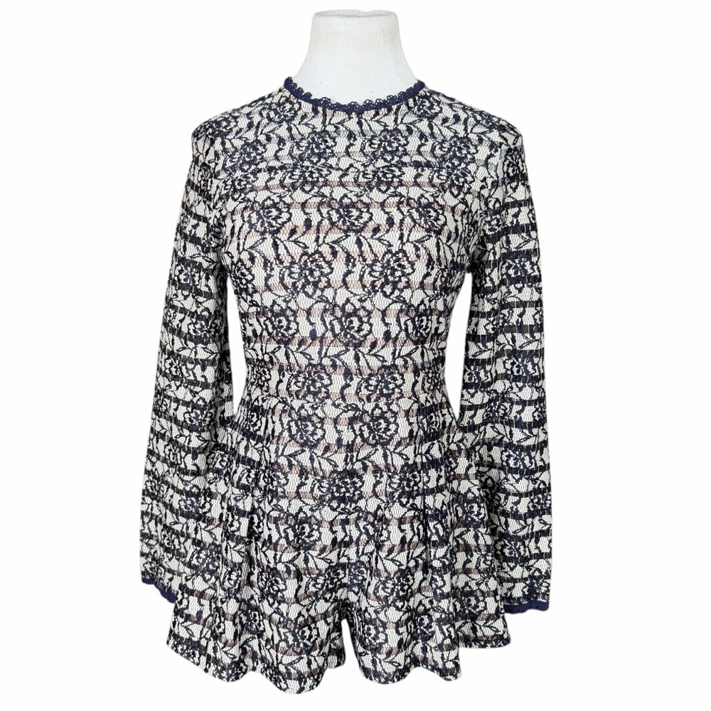 Gianni Bini Navy Blue & Cream Lace Up Long Bell Sleeve Romper - Size Medium